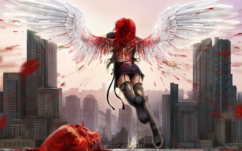 Liebe Romantik Engel Gore Blut Mädchen Frauen Städte, Anime blutiges Mädchen HD-Hintergrundbild
