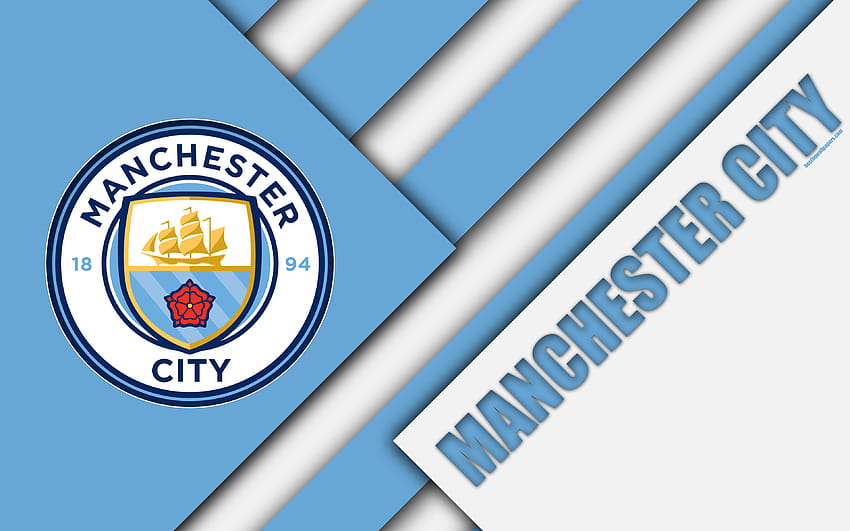 Manchester City FC, logotipo, diseño de materiales, abstracción azul blanca, fútbol, ​​Gorton, Manchester, Inglaterra, Reino Unido, Premier League, club de fútbol inglés con una resolución de 3840x2400. Alta calidad, ciudad de fondo de pantalla