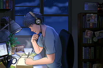 Anime girl with headphones studying HD wallpapers | Pxfuel