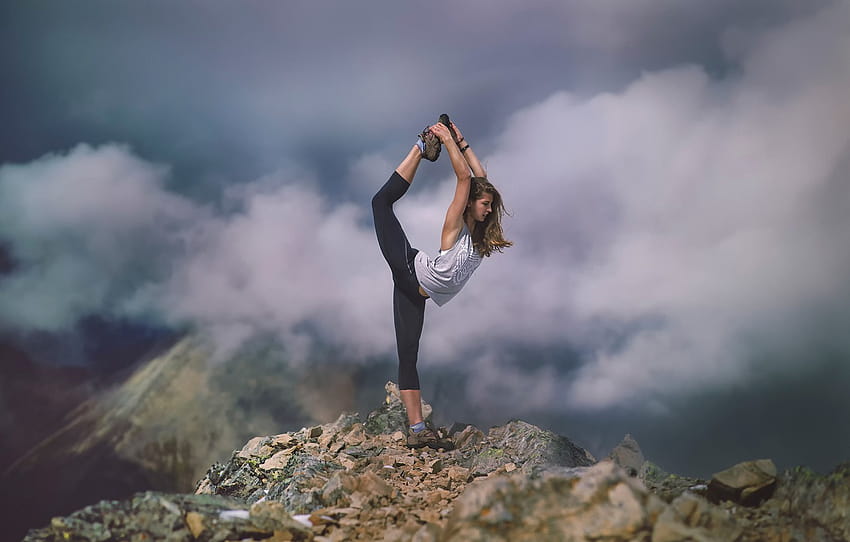 fille, nuages, montagnes, athlète, Stretch, stretching , section спорт, streching Fond d'écran HD