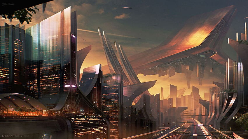 Download wallpaper 1366x768 city, car, bridge, futurism, cyberpunk, sci-fi  tablet, laptop hd background