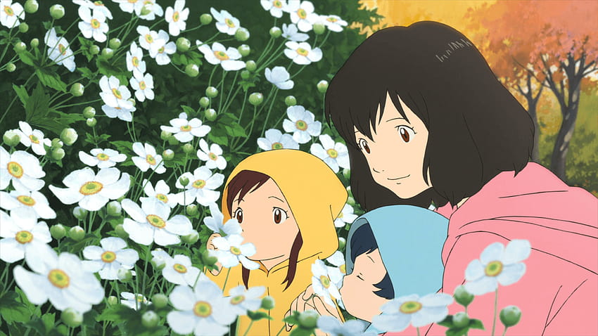 Ame, Yuki, flower and their mum, wolf children HD wallpaper