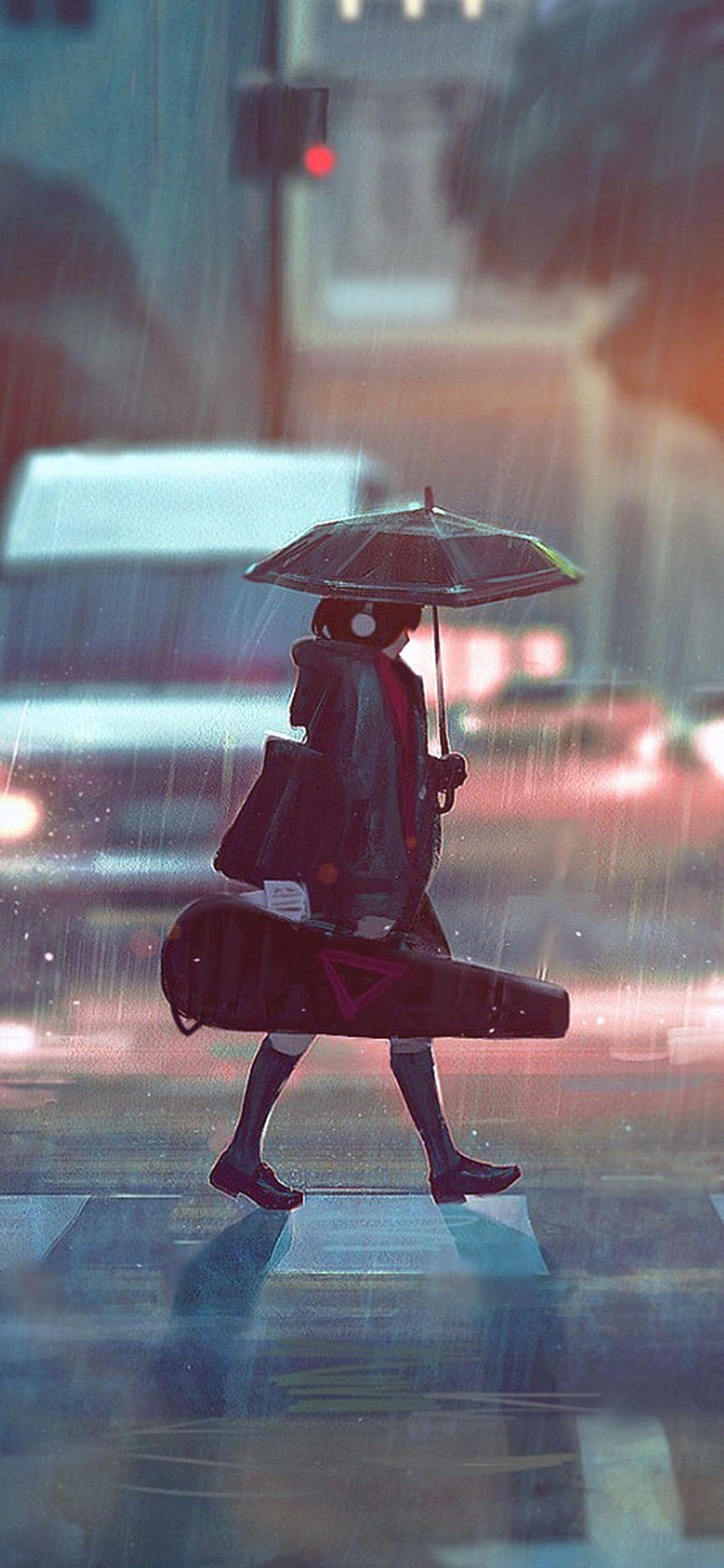 A drawing of a girl walking across the street on a rainy day, anime girl umbrella rain HD phone wallpaper