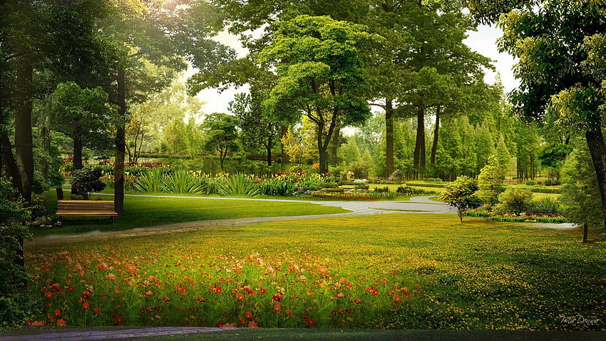 녹색 공원 꽃 자연 배경에, 공원 배경 HD 월페이퍼