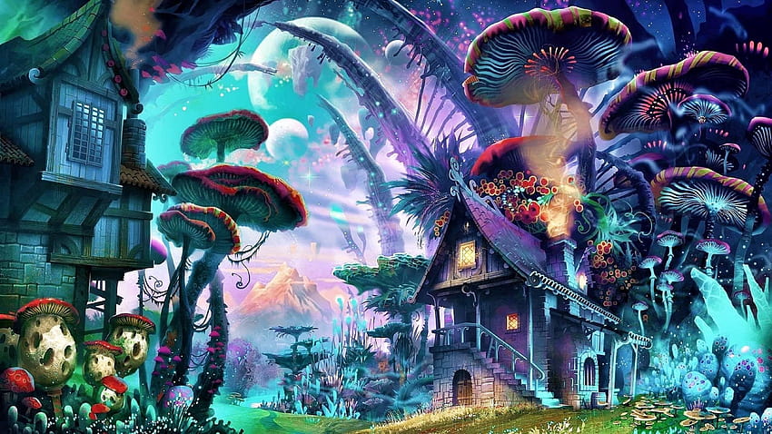arte cogumelo casa arte psicodélica fantasia mundo fantasia… papel de parede HD