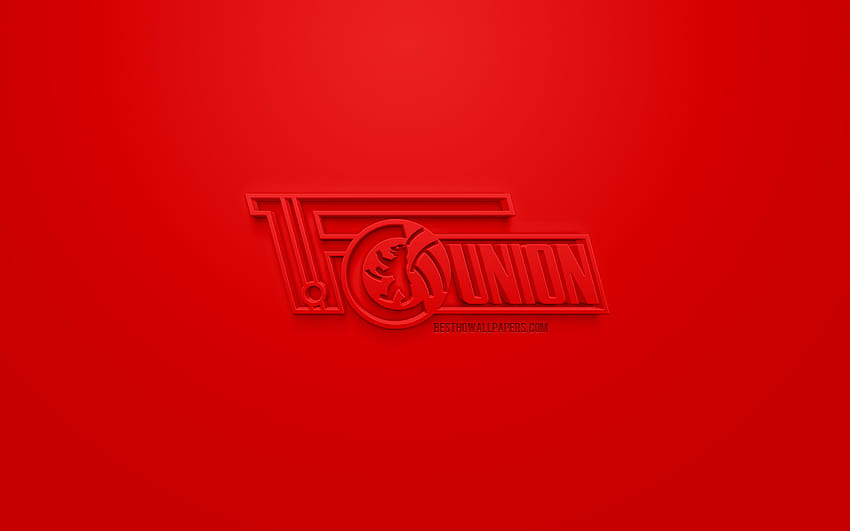 FC Union Berlin, kreatywne logo 3D, czerwone tło, emblemat 3D, niemiecki klub piłkarski, Bundesliga 2, Berlin, Niemcy, grafika 3D, piłka nożna, stylowe logo 3D o rozdzielczości 2560x1600. Wysoka jakość Tapeta HD