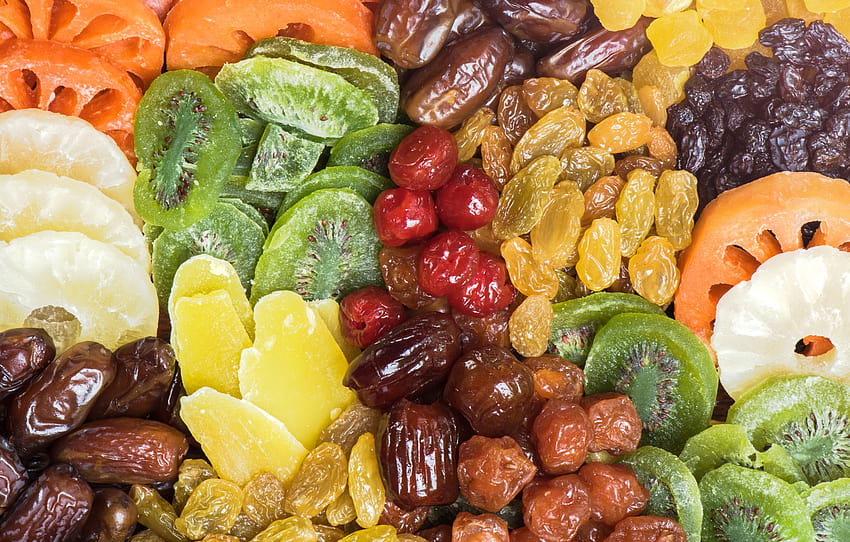 Kiwi, Süßigkeiten, Ananas, viel, Nahaufnahme, Rosinen, Trockenfrüchte, Datteln, Abschnitt еда, Dattelfrüchte HD-Hintergrundbild
