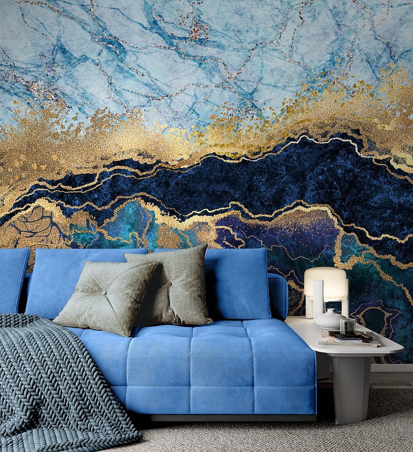 大理石の抽象的なデザイン ゴールデン ルック イエロー ネイビー ブルー HD電話の壁紙