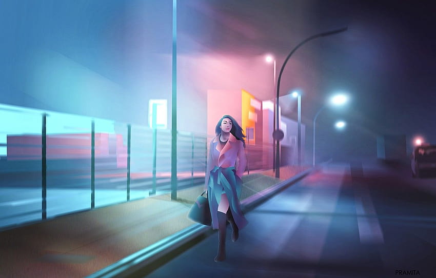 City, Girl, Alone, Cyberpunk, Painting, anime city girl alone HD wallpaper