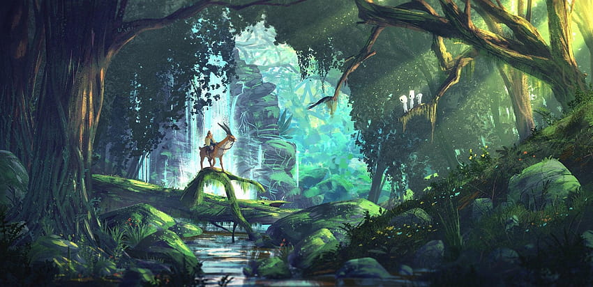 Ashitaka en el Bosque de los Espíritus, princesa del bosque fondo de pantalla