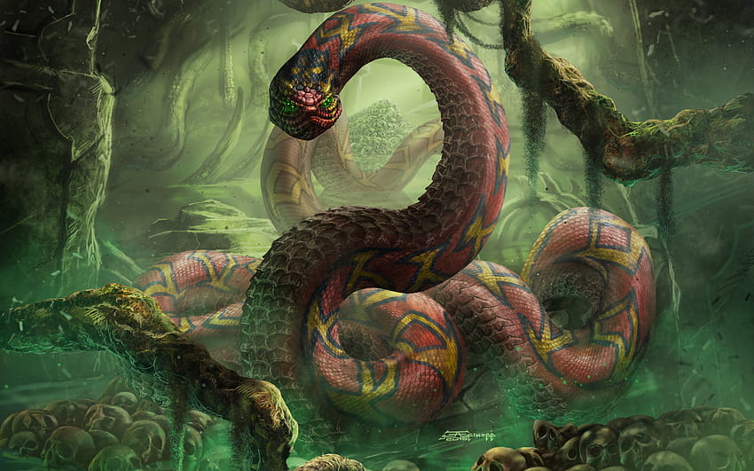 Snakes Skulls Fantasy 1920x1200, giant snake HD wallpaper