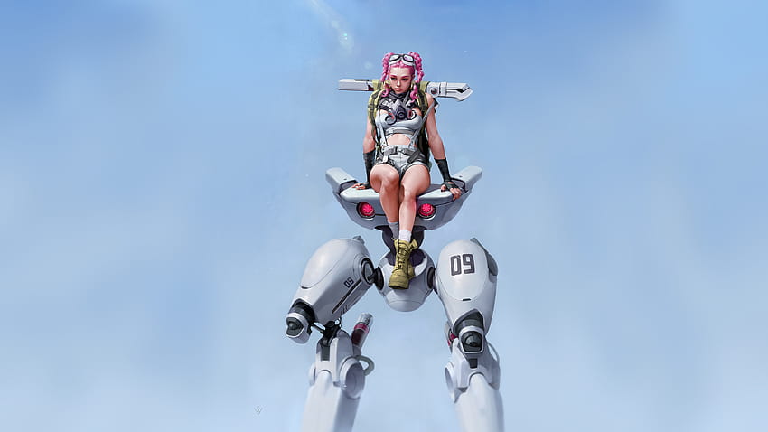 Сплетена розова коса Cyberpunk Robot Girl, художник, робот и момиче HD тапет