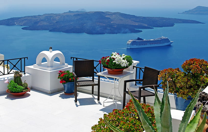 verano, cielo, nubes, paisaje, naturaleza, barcos, Santorini, Grecia, sección природа, verano grecia fondo de pantalla