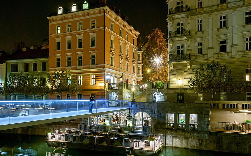 Ljubljana Slovenia Bridges Night Street lights 2560x1600 HD wallpaper