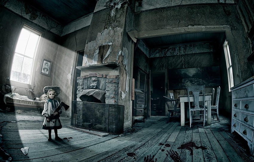 blood, doll, horror, axe, old abandoned house, horror doll HD wallpaper