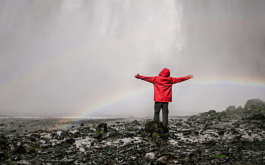 2560x1600 waterfall, rainbow, spray, water, man 16:10 backgrounds HD wallpaper