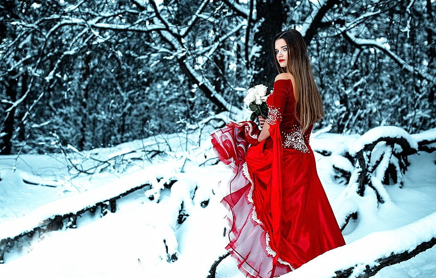 winter, forest, girl, snow, roses, bouquet, dress, in red, Cold Red , section ситуации HD wallpaper