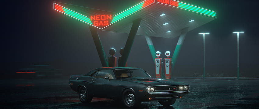 2560x1080 Dodge Challenger RT At Neon Gas Station 2560x1080 Resolution , Backgrounds, and HD wallpaper