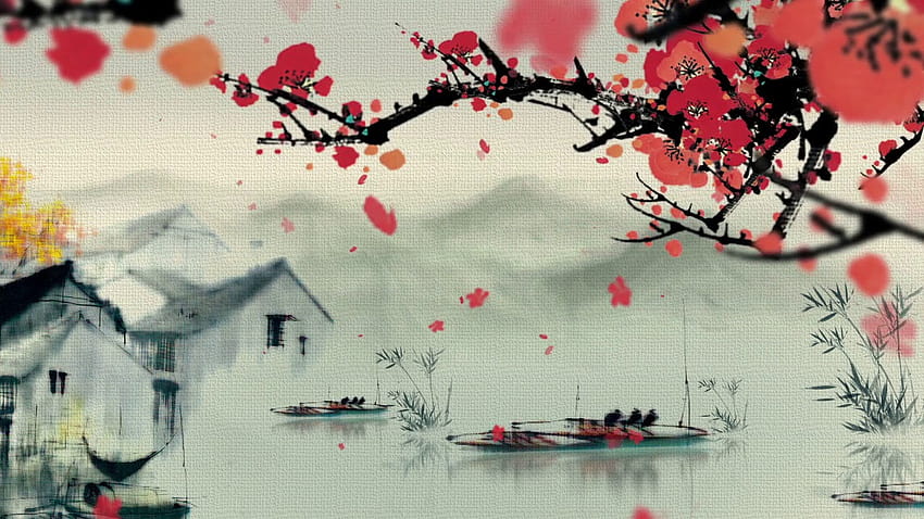Inchiostro cinese che dipinge un fiore di pruno rosso nel sud della Cina [1280x720] per il tuo, cellulare e tablet Sfondo HD