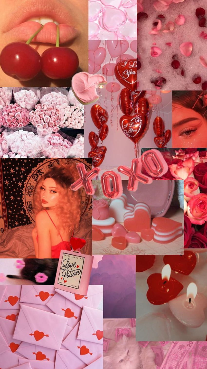 iphone estetika hari valentine pink dan merah, kolase hari valentine wallpaper ponsel HD