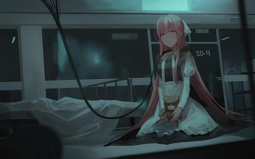 1440x900 аниме момиче, престилка, седнала, розова дълга коса, болница, аниме женски страшен HD тапет