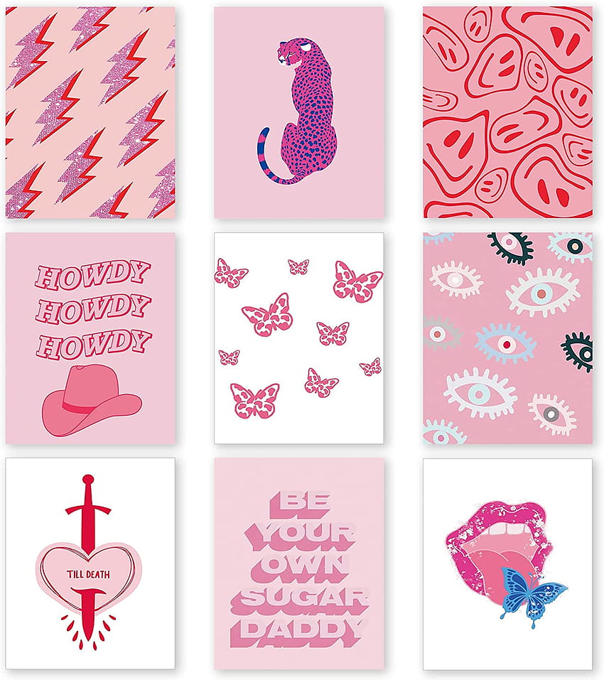 9 Stück Preppy-Poster, Preppy-Ästhetik, Pink, Weiß, Preppy-Gemälde, Wandkunst, rosa, trendige Wanddekoration für Teenager-Mädchen-Schlafzimmer, Studentenwohnheim, adrette Kleidung HD-Handy-Hintergrundbild