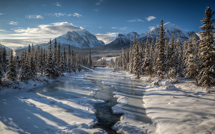 Winter river mountain forest trees Mount Temple Canada snow, canadian winter HD wallpaper