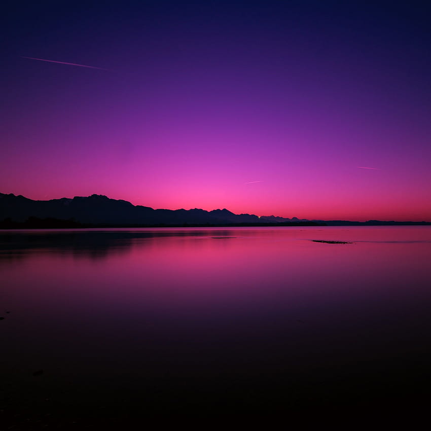 Sonnenuntergang, See, Abenddämmerung, violetter Himmel, Spiegelung, Morgendämmerung, Gewässer, dunkel, Gegenlicht, Natur, violetter Sonnenuntergang HD-Handy-Hintergrundbild