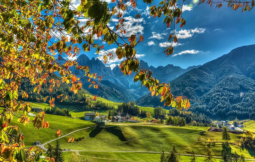 autumn, mountains, branches, valley, village, Italy, Italy, dolomites italy HD wallpaper