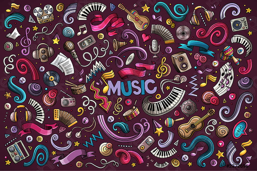 Colorido vector dibujado a mano garabatos conjunto de dibujos animados de objetos de música, doodle de música fondo de pantalla