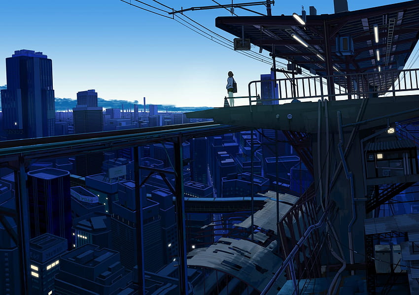 Gadis yang berdiri di atas ilustrasi anime platform monorel, gadis kota anime sendirian Wallpaper HD