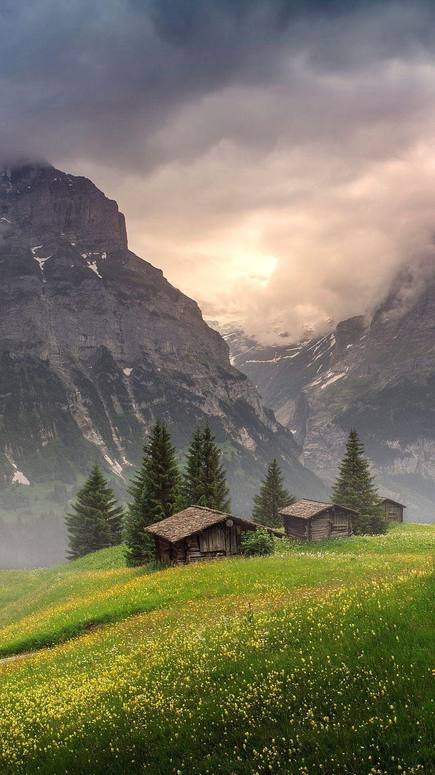 Grindelwald Suiza Mountain House iPhone, suizo fondo de pantalla del teléfono