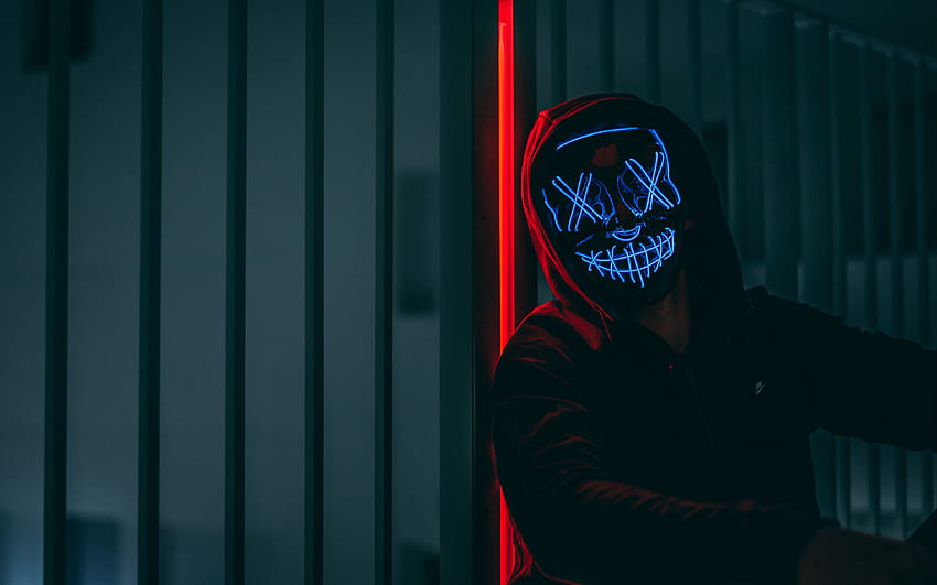 Maschera, Cappuccio, Neon, Anonimo, Bagliore, neon maschera hacker Sfondo HD