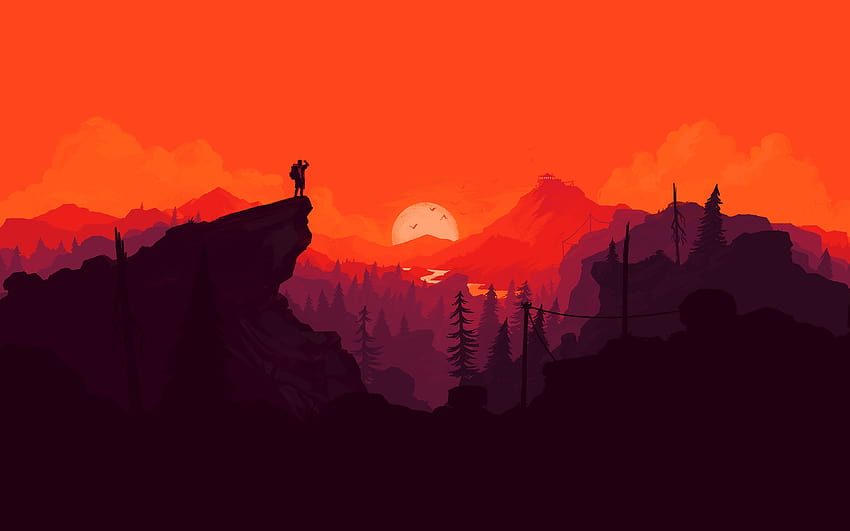 Man Hiking, Red Sky, Sunset, Digital Art, Cliff, Flat Landscape, Illustration HD wallpaper