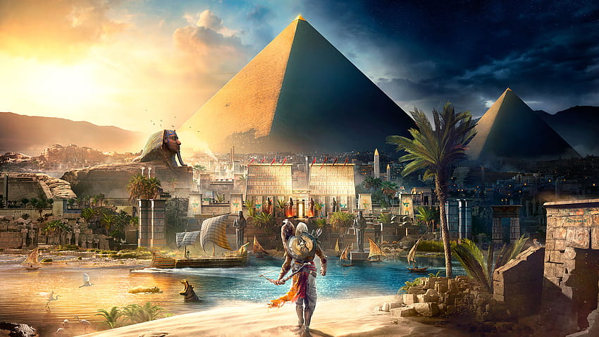 Assassins Creed, Egypt, Pyramids of Giza, Bayek, Eagle, Ubisoft, Landscape, Boat, River, Nile, Videojuegos, Sphynx, Assassins Creed: Origins / and Mobile Backgrounds, river nile fondo de pantalla