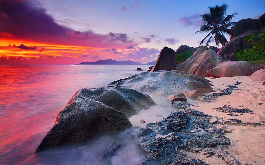 Seychelles, île de La Digue, océan Indien, mer, pierres Fond d'écran HD