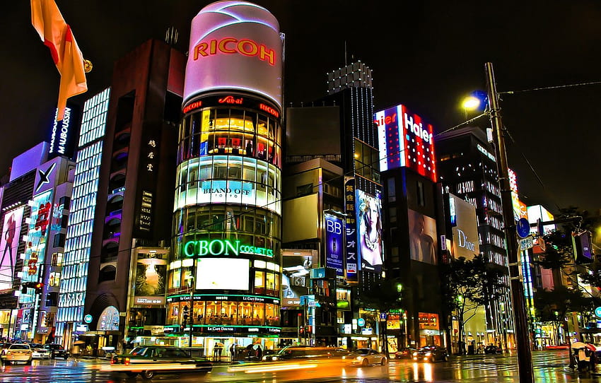 route, nuit, la ville, lumières, rue, bâtiment, extrait, Japon, Tokyo, carrefour, Tokyo, Japon, magasins, section город, tokyo street at night Fond d'écran HD
