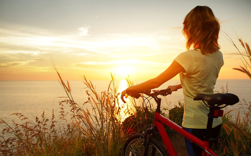 Biker girl watch sunset, female watching sunset HD wallpaper