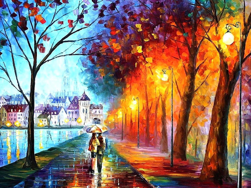 Couple, Rain, Umbrella, Rain, Painting, Colorful, Artworks, Classic, cool painting HD wallpaper
