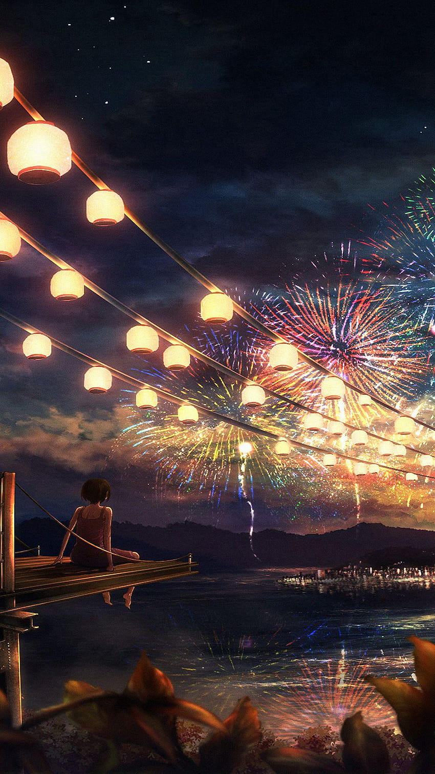 Firework girl dark night anime art iPhone 8, fireworks anime HD phone wallpaper