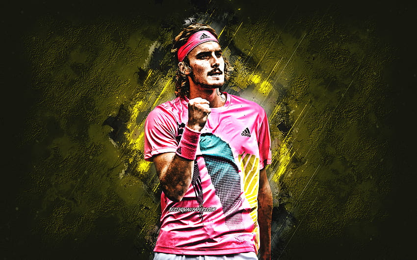 Stefanos Tsitsipas, ATP, Greek tennis player, portrait, yellow creative background, ATP TOP 100, Tennis with resolution 2880x1800. High Quality HD wallpaper
