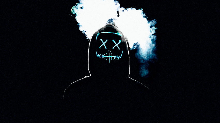男、LED マスク、AMOLED、煙、黒背景、匿名、グラフィック、黒匿名 高画質の壁紙