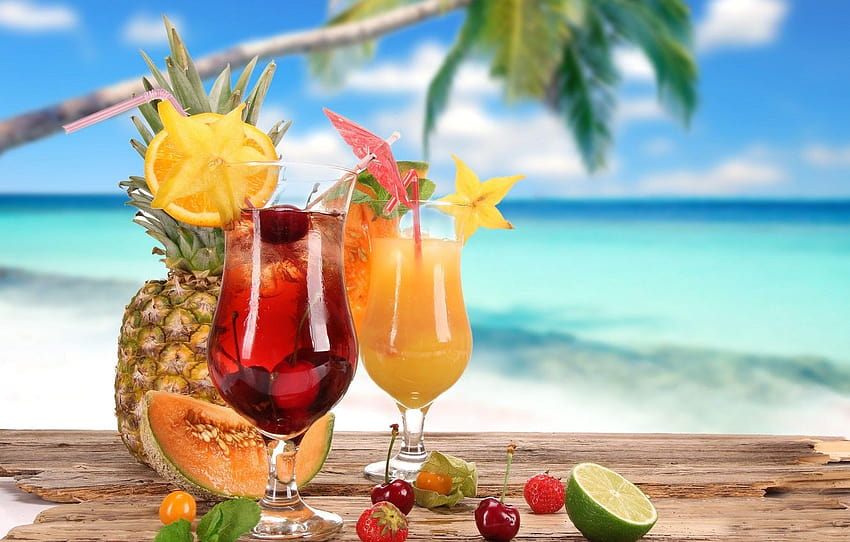 summer, cocktail, summer, food, melon, cherry, summer coctail HD wallpaper