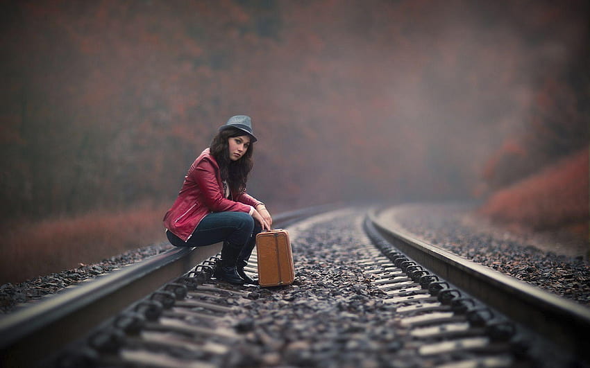 Alone girl on the railway track HD wallpaper