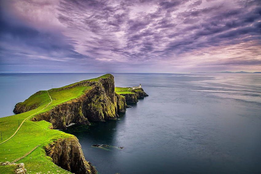 Landscape nature sea rocks sky clouds lighthouse Cape Point Nist, scotland HD wallpaper