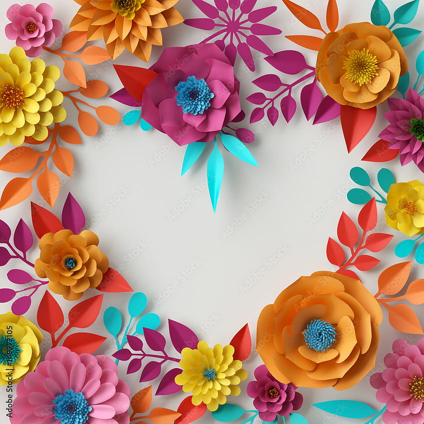 3d renderizado, ilustración digital, flores de papel de colores abstractos, de primavera verano, forma de corazón, elementos cortados, hecho a mano, artesanía, colores vibrantes Ilustración de stock, flores de verano abstractas fondo de pantalla del teléfono