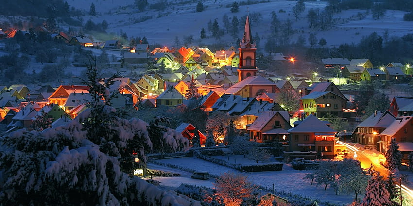 : trees, landscape, lights, street light, city, night, hill, nature, sky, snow, winter, house, cold, evening, town, world, France, church, Alps, zing, tree, screenshot, 1600x800 px, tourist attraction, computer , geological, winter town night HD wallpaper