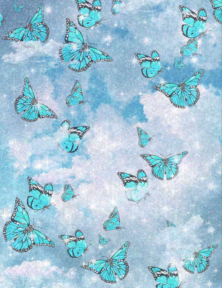 Blue Sky Glitter Butterfly, блестящи пеперуди HD тапет за телефон