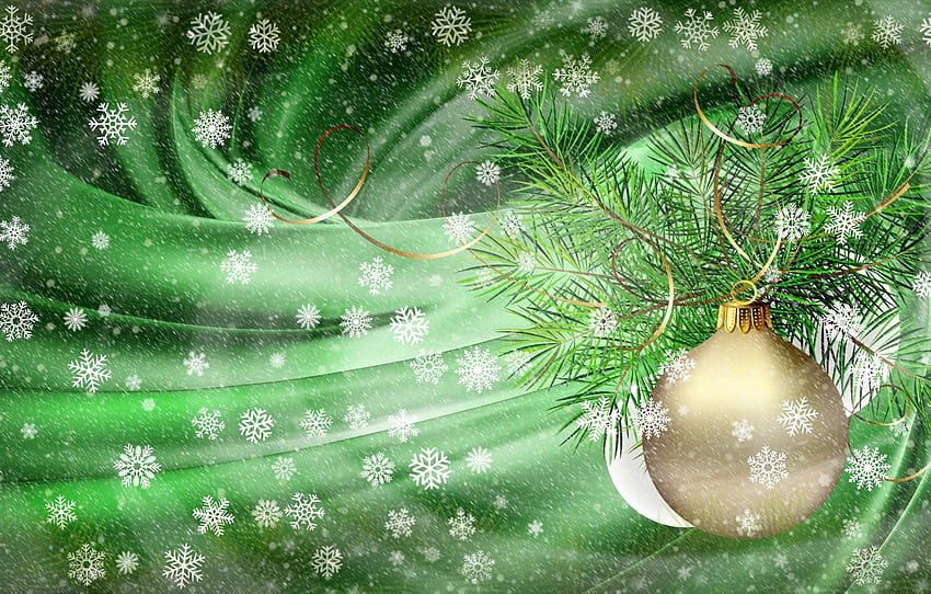 płatki śniegu, kolaż, Nowy Rok, mróz, Boże Narodzenie, Zamieć śnieżna, serpentyna, świerkowa gałąź, wygaszacz ekranu na Twoim, Złota kula, śnieżne tło, kartka świąteczna, fale jedwabne tkaniny, sekcja новый год Tapeta HD