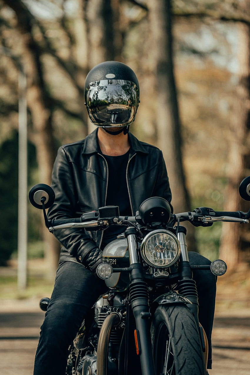 man in black leather jacket riding motorcycle – Hilversum, black outfit and helmet HD phone wallpaper